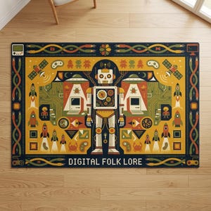 May include: A rectangular area rug featuring a central robot surrounded by retro-style illustrations of rockets, satellites, computers, and circuit patterns in yellow, orange, green, and dark blue. The text "DIGITAL FOLK LORE" is printed at the bottom.