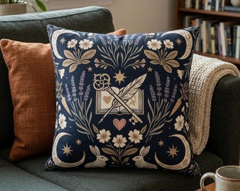 Dark Academia Decor Pillowcase, Mystical Cottagecore Cushion, Vintage Key and Quill Pen, Folk Art Rabbit, Witchy Bookish Room Decor