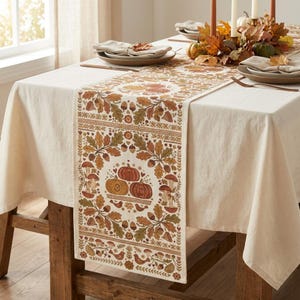 Scandi Folk Art Pumpkin Table Runner, Autumn Harvest Dining Decor, Thanksgiving Woodland Centerpiece, Cottagecore Fall Geometric Tablecloth