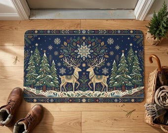 Christmas Doormat Decoration, Scandi Folk Art Reindeer Welcome Mat, Navy Winter Woodland Rug, Botanical Snowflake Porch Decor
