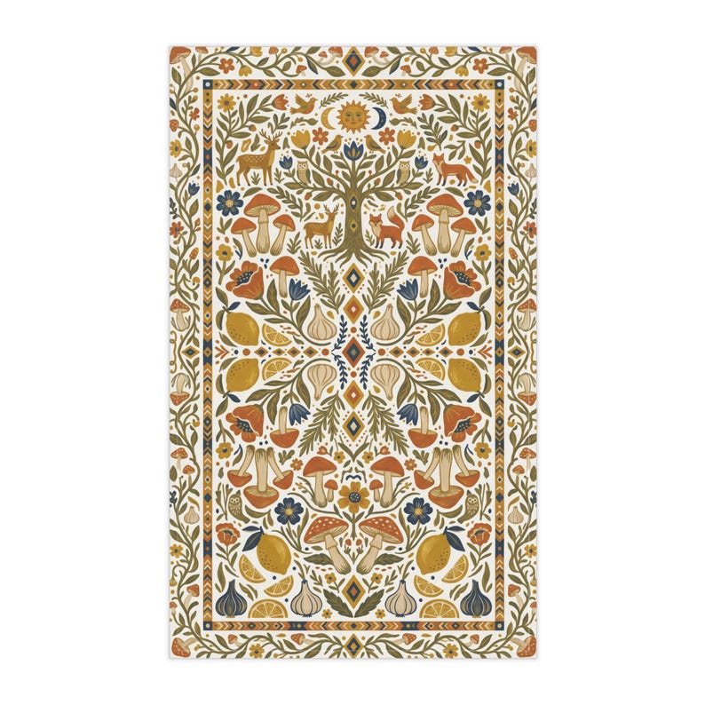 Paño de cocina con diseño del Árbol de la Vida de arte popular, paño de cocina con animales del bosque, decoración de cocina estilo cottagecore con setas, regalo de cocina botánico con diseño de limón, sol y luna. imagen 7