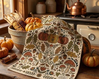 Puede incluir: Un paño de cocina de tejido tipo gofre con un estampado de calabazas, setas, bellotas y hojas de roble en colores otoñales. Una pequeña etiqueta blanca en la esquina muestra el texto 40cm x 89cm 100% Cotton Machine Wash.