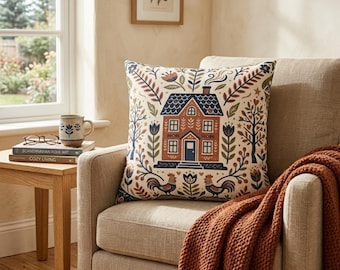 Scandi Folk Art House Pillowcase, Cottagecore Home Decor, Rustic Farmhouse Cushion, Folk Art Rooster, Housewarming Gift, Earth Tone