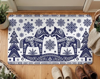 Chrismas doormat decoration, Blue and White Dala Horse winter welcom mat, Scandi Folk Art Nordic Rug, Minimalist Holiday Porch Decor