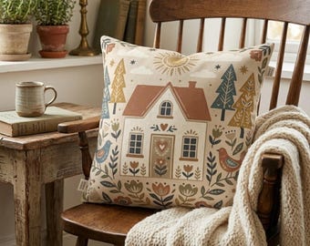Cottagecore House Pillowcase, Scandi Folk Art Cushion, Cozy Cabin Home Decor, Housewarming Gift, Earth Tone Woodland Bird Pillow