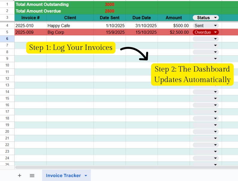 Invoices Log In Simple Invoice Tracker Google Sheet | Payment and Overdue Invoice Log ...
