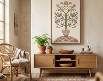 Folk Art Tree of Life Framed Canvas, Scandinavian Bird Wall Art, Cottagecore Botanical Print, Rustic Potted Plant Nature Decor, Block Print