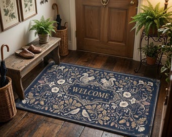 Zerbino di benvenuto a tema bosco, zerbino in stile cottagecore, tappeto vintage di arte popolare, decorazione per veranda blu scuro, ingresso ispirato alla natura, regalo per amanti degli animali