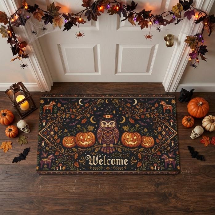 Folk Art Witch Owl Welcome Mat, Halloween Pumpkin Doormat, Spooky Cottagegoth Porch Decor, Dala Hors