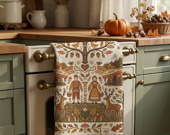 Puede incluir: Un paño de cocina de tejido de nido de abeja con un estampado de arte popular que muestra un árbol central, dos figuras con ropa tradicional y dos ciervos. El diseño incluye hojas otoñales, bellotas, setas y casas en tonos marrón, naranja y verde.