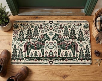 Swedish Dala Horse Doormat, Scandi Folk Art Welcome Mat, Red Green Christmas Rug, Nordic Holiday Porch Decor, Vintage Winter Entryway