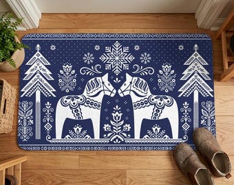 Chrismas doormat decoration, Navy Blue Dala Horse winter welcom mat, Scandi Folk Art Nordic Rug, Swedish Holiday Entryway, Snowflake Mat
