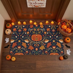 May include: A rectangular doormat featuring a dark blue background with a repeating pattern of orange pumpkins, autumn leaves, and floral motifs. The mat is surrounded by small orange pumpkins, white ghost cutouts, black bat cutouts, and a string of pumpkin-shaped lights.