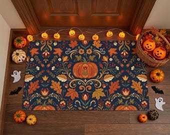 William Morris Fall Doormat, Navy Blue Pumpkin Welcome Mat, Vintage Botanical Autumn Rug, Cottagecore Thanksgiving Decor, Folk Art Entry Mat
