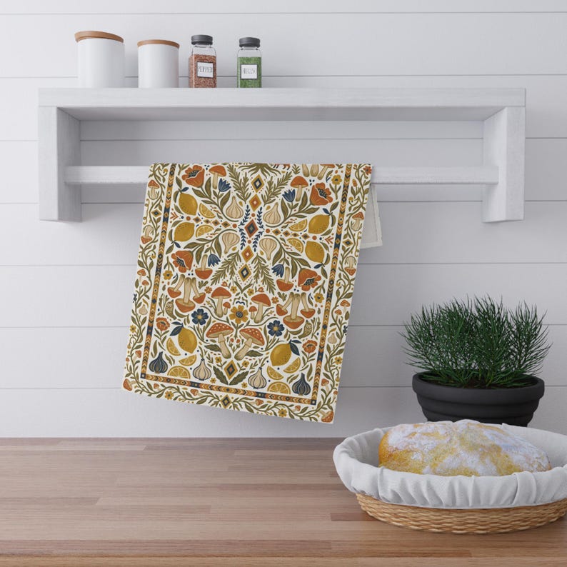 Paño de cocina con diseño del Árbol de la Vida de arte popular, paño de cocina con animales del bosque, decoración de cocina estilo cottagecore con setas, regalo de cocina botánico con diseño de limón, sol y luna. imagen 9