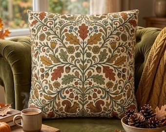 Vintage Woodland Botanical Pillow, Squirrel & Oak Leaf Damask Cushion, Cottagecore Fall Decor, Autumn Folk Art Throw Pillowcase