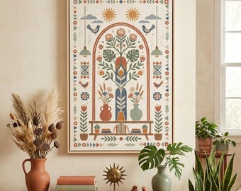 Boho Folk Art Framed Canvas, Mid Century Modern Botanical Wall Art, Scandinavian Archway Print, Eclectic Bookshelf Decor, Monstera Plant Art