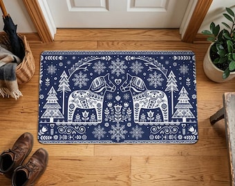 Chrismas doormat decoration, Blue and White Dala Horse winter welcom mat, Scandi Folk Art Nordic Rug, Holiday Entryway, Swedish Decor