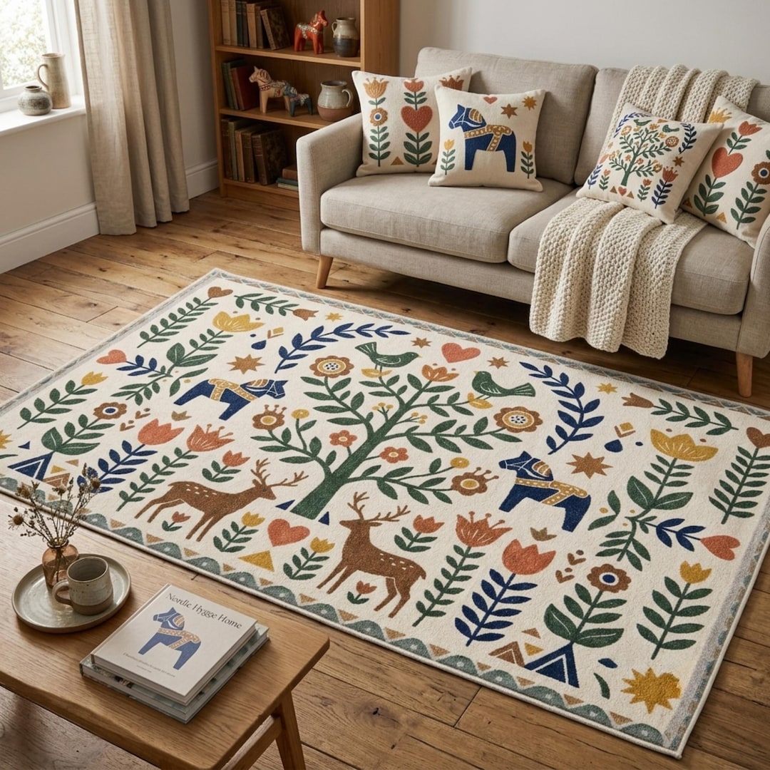 Dala Rugs Scandinavian Folk Art Rug, Swedish Dala Horse Woodland Mat, Nordic Tree ...