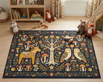 Woodland Folk Art Area Rug, Scandinavian Cottagecore Mushrooms Owls Dala Horse Carpet