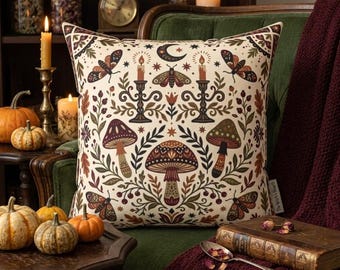 Halloween Throw Pillow Witchy Moth Mushroom Decor Cottagecore Spooky Season Cushion Dark Academia Folk Art Gothic Accent