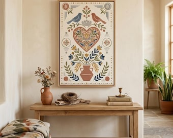Folk Art Bird and Heart Framed Canvas, Scandinavian Family Nest Wall Art, Cottagecore Botanical Print, Rustic Vintage Floral Block Print