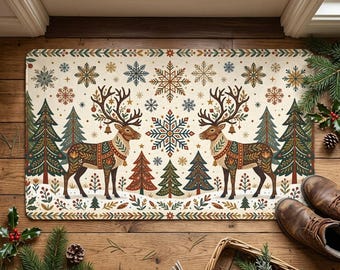 Christmas Doormat Decoration, Scandi Folk Art Reindeer Welcome Mat, Rustic Winter Holiday Rug, Geometric Snowflake Porch Decor