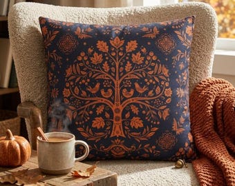 Tree of Life Pillowcase, Moody Botanical Cushion Cover, Navy and Rust Folk Art, Dark Academia Decor, Cottagecore Autumn Pillowcase