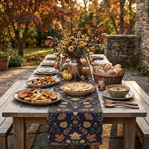 May include: A long wooden outdoor dining table set for a meal with a dark blue table runner featuring a floral and leaf pattern. The table includes a centerpiece of autumn flowers, a pie, roasted vegetables, bread in a basket, and soup.