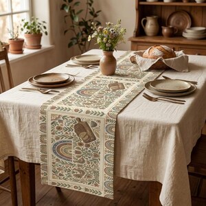 Folk Art Bread Table Runner, Cottagecore Kitchen Decor, Boho Wedding Linen, Rustic Floral Dining Mat, Earthy Farmhouse Event Decor