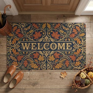May include: A rectangular doormat with a dark blue background featuring a symmetrical pattern of orange, yellow, and brown autumn leaves, acorns, and moths. The word WELCOME is printed in large, decorative, light-coloured serif letters in the centre.