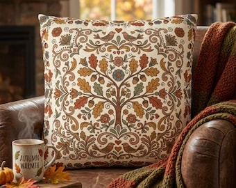 Tree of Life Pillow, Vintage Autumn Botanical Cushion Cover, Cottagecore Fall Decor, Bird Folk Art Throw Pillowcase, Woodland Damask