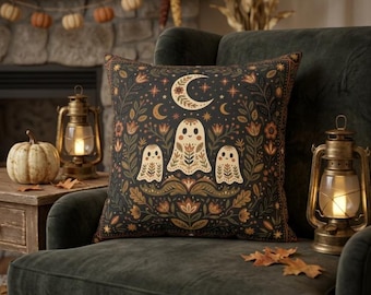 Cute Ghost Pillow Cover, Folk Art Halloween Decor, Cottagecore Fall Cushion Case, Dark Boho Autumn Accent, Spooky Season Room Decor
