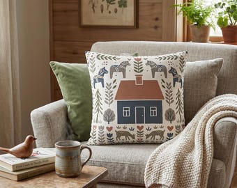 Scandinavian Folk Art Pillow cover, Swedish Dala Horse Cushion, Cottagecore Hygge Decor