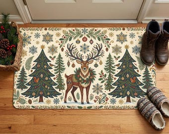 Christmas Doormat Decoration, Vintage Woodland Reindeer Welcome Mat, Festive Christmas Tree Rug, Cottagecore Holiday Porch Decor