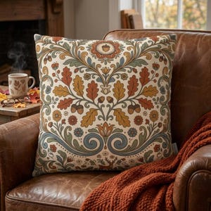May include: A square throw cushion featuring a cream-coloured background with a symmetrical botanical pattern. The design includes orange and brown oak leaves, small acorns, blue and orange flowers, and scrolling green vines in a repeating motif.