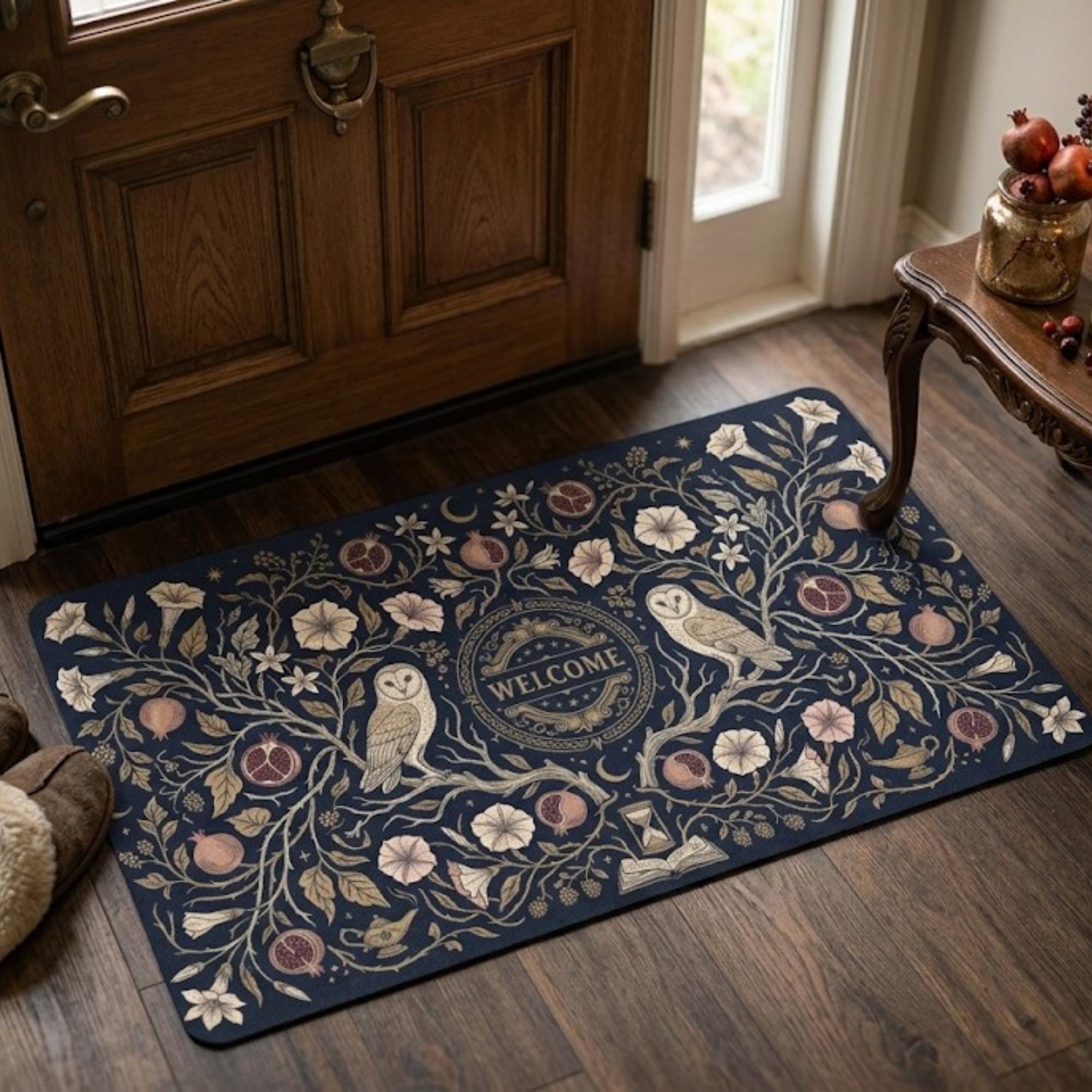Dark Academia Owl Doormat, Vintage Botanical Whimsigoth Welcome Mat