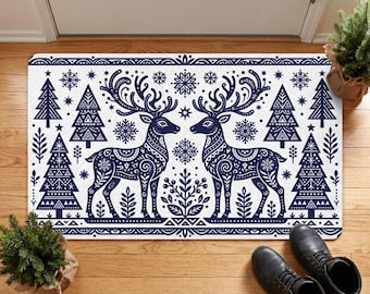 Scandi Folk Art Christmas Doormat, Blue and White Nordic Reindeer Welcome Mat, Minimalist Winter Entryway Rug, Holiday Porch Decor