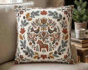 Scandi Folk Art Dala Horse Pillow, Swedish Nordic Decor, Cottagecore Bird Cushion, Autumn Wreath Botanical, Rustic Winter Throw Cover