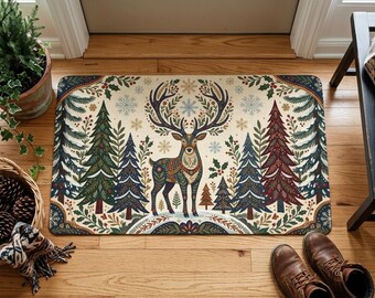 Christmas Doormat Decoration, Scandi Folk Art Reindeer Welcome Mat, Winter Woodland Forest Rug, Botanical Antler, Cottagecore Porch