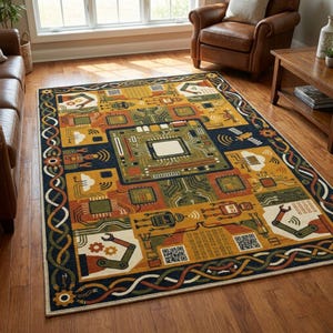 May include: A rectangular rug with a circuit board design. The rug features a central square with a large processor, surrounded by smaller circuit board patterns in shades of green, orange, and yellow. The border is a dark blue with a repeating pattern.