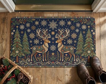 Christmas Doormat Decoration, Scandi Folk Art Reindeer Welcome Mat, Moody Navy Winter Holiday Rug, Symmetrical Deer Porch Decor