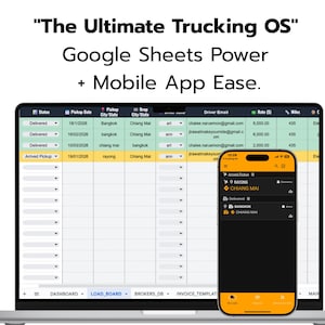 Op de afbeelding: Een laptopscherm toont een Google Sheets-spreadsheet met vrachtwagendata, inclusief ophaal- en afleverlocaties, datums en tarieven. Een smartphone toont een mobiele app-interface met locatiegegevens. De tekst luidt "The Ultimate Trucking OS".