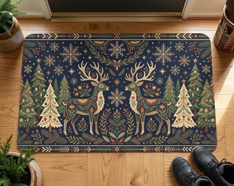 Christmas Doormat Decoration, Scandi Folk Art Reindeer Welcome Mat, Navy Winter Woodland Rug, Snow Pine Tree Porch Decor