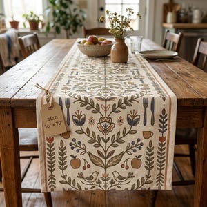 May include: A cream-coloured fabric table runner featuring a symmetrical botanical print with birds, apples, cherries, flowers, and cutlery icons in muted tones. A brown paper tag attached with twine displays the text size 16" x 72".