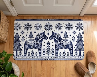 Swedish Dala Horse Doormat, Blue and White Winter Rug, Scandi Folk Art Welcome Mat, Nordic Christmas Decor, Navy Snowflake Porch