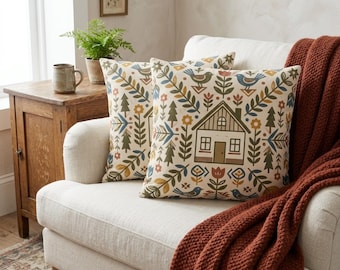 Scandi Folk Art Pillowcase, Geometric Cottagecore Cushion, Cozy Cabin Decor, Earth Tone Housewarming Gift, Nordic Bird Pillow
