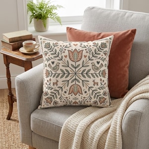 Vintage Folk Art Pillow, Scandinavian Floral Cushion, Cottagecore Room Decor, Symmetrical Bird Accent, Sage Green Earthy Throw