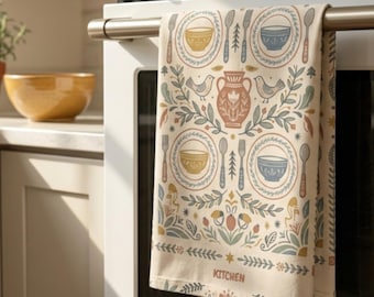 Pano de prato personalizado, pano de chá personalizado com arte folclórica escandinava, pano de prato vintage com estampa botânica, decoração boho para sala de jantar, presente de boas-vindas