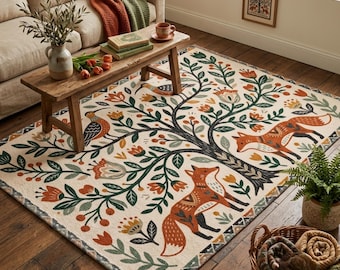 Woodland Fox Scandinavian Folk Art Rug, Japandi Tree of Life Mat, Cottagecore Decor